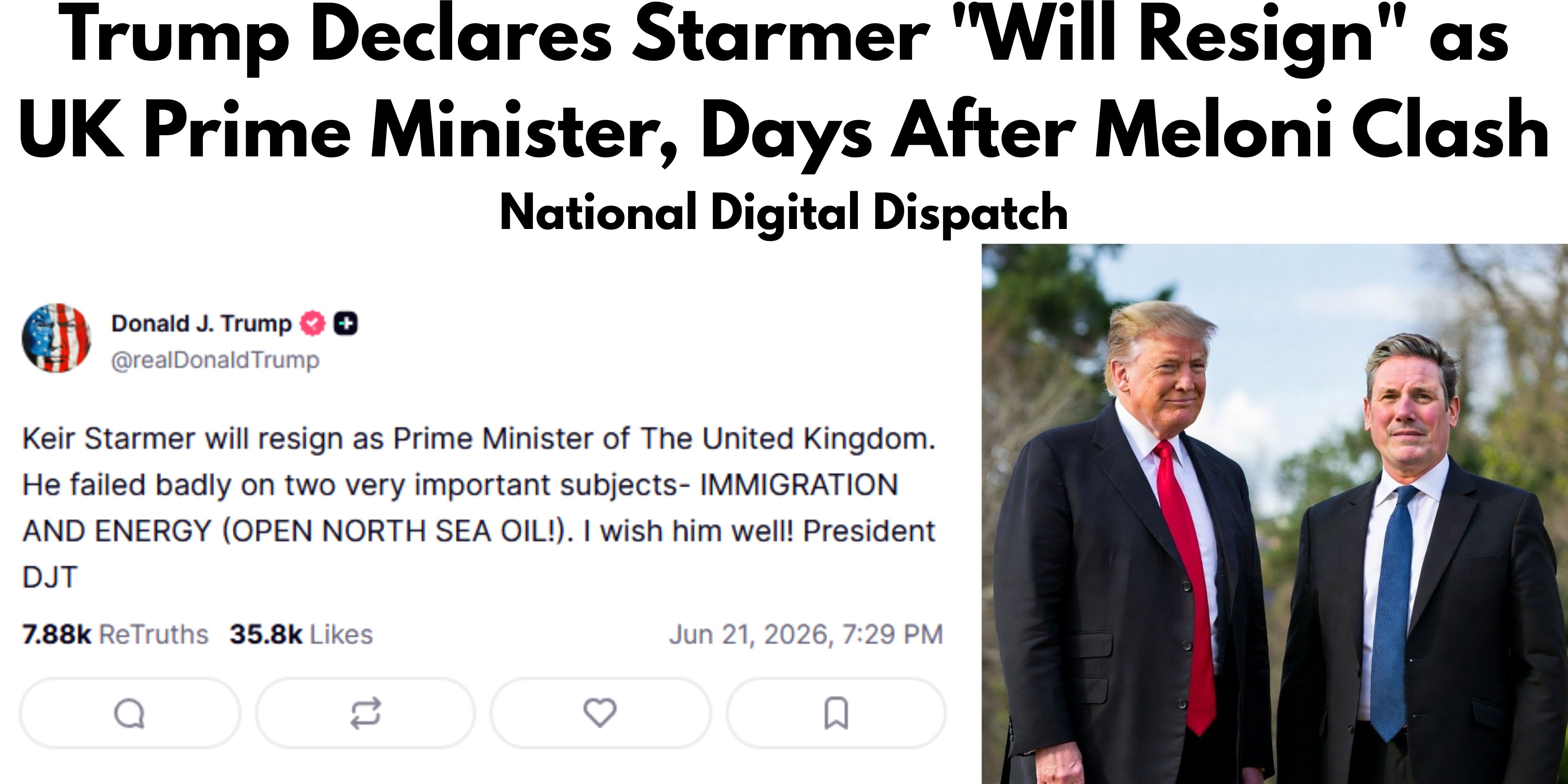 Trump Declares Starmer "Will Resign" as UK Prime Minister, Days After Meloni Clash