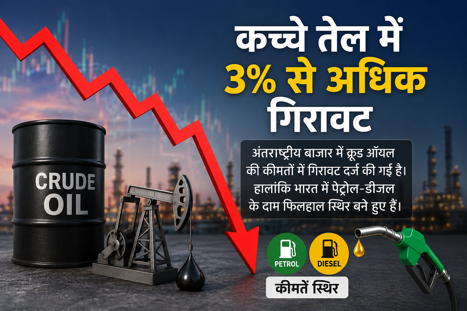 ईरानी तेल को लेकर अमेरिकी लाइसेंस के बाद कच्चे तेल में 3% से अधिक गिरावट, भारत में ईंधन कीमतें स्थिर